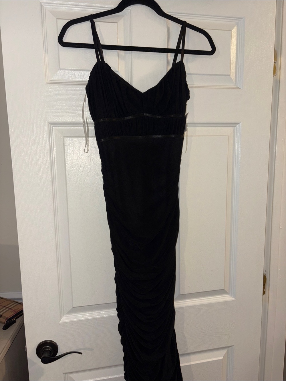 Black Ruched Spaghetti Strap Evening Dress